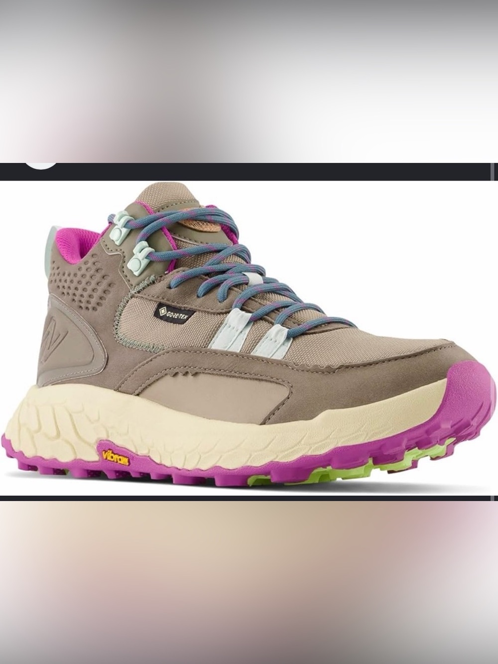 New Balance Taupe Hiking Sneaker with Pink and Purple Accents